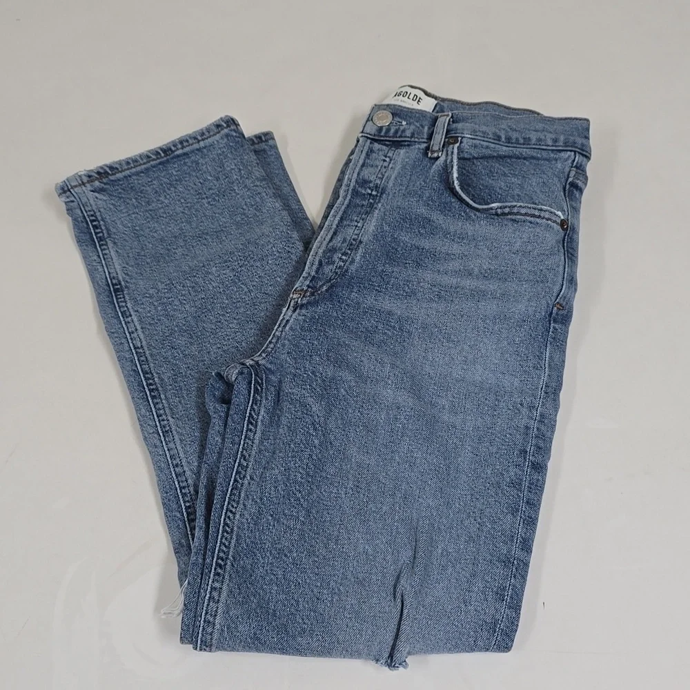 AGOLDE Riley High Rise Straight Jeans Whiplash Distressed Blue